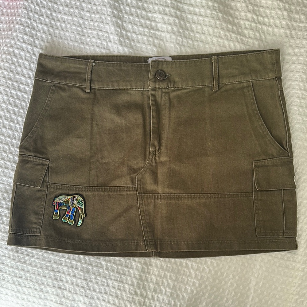 Olive Green Cargo Mini Skirt with Elephant Patch